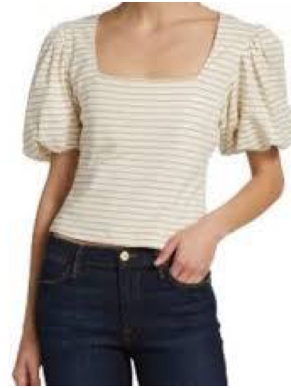 Frame Denim Nina Puff Sleeve Striped Square Neck Top in Cream and Brown